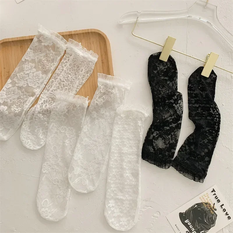 Summer Baby Girls Cute Mesh Sock Korean Lolita Princess Lace Hollow Black Calf Stockings for Kids Thin Knee High Long Socks