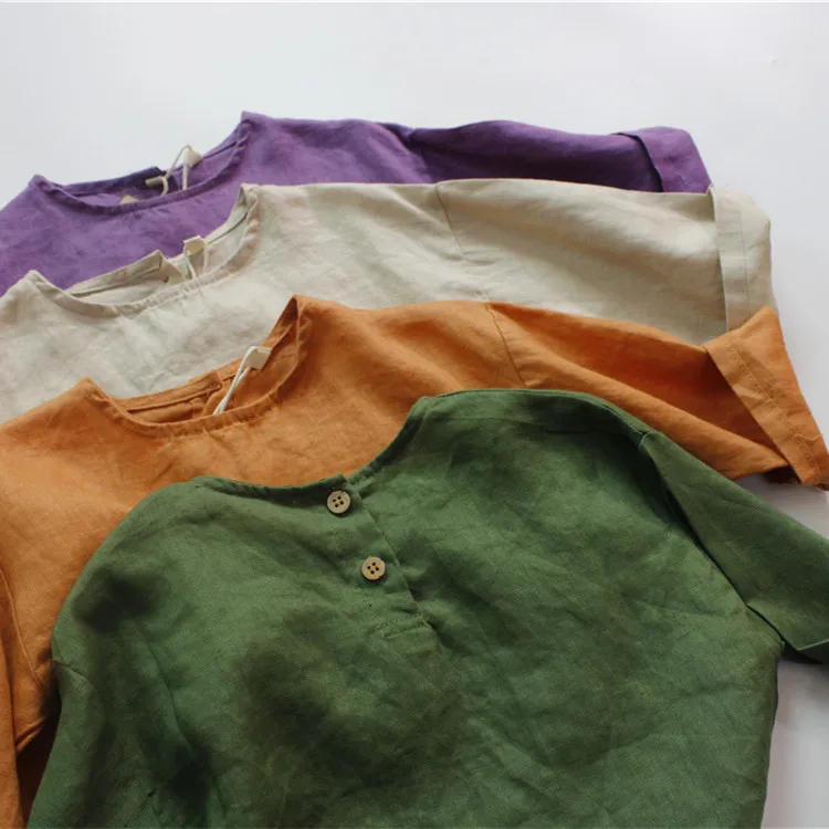 deer jonmi Summer Children Solid Color Retro Loose Shirts Korean Style Unisex Cotton Linen Tops