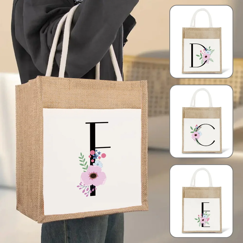 

Women Reusable Linen Shopping Bag Flower and Black Print Large Capacity Cotton Jute Handbags Female Eco Tote Bag Cloth Bag Purse