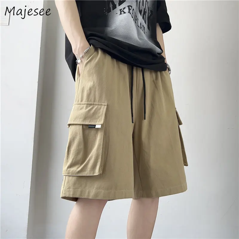 

Cargo Shorts Men Retro Baggy Summer Chic All-match Japanese Style Casual Big Pockets Streetwear Trousers Pure Drawstring Teens