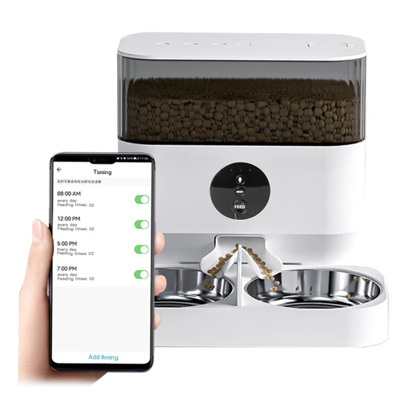 

Custom logo two-way splitter and double bowls machine automatic poultry smart feeder pet with app for dogs and cats