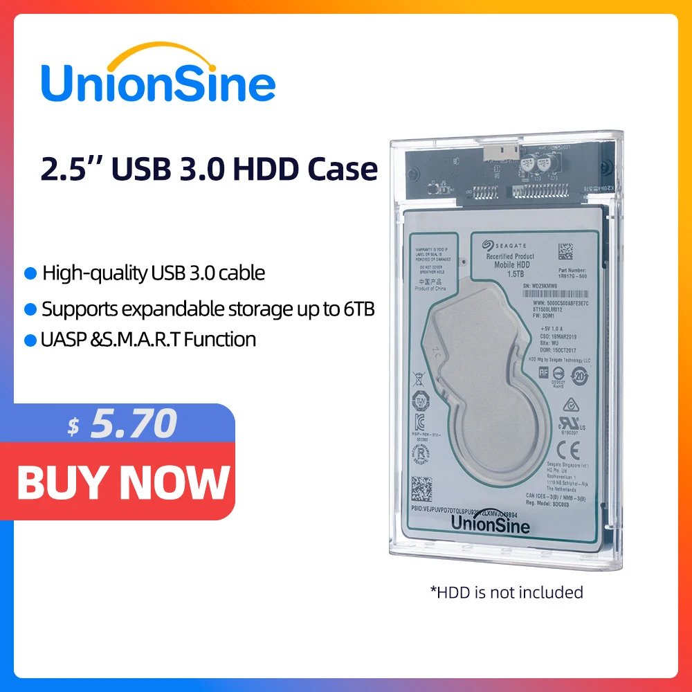 

UnionSine USB 3.0 External Hard Drive Enclosure SATA to USB3.0 UASP & TRIM Hard Drive Case 6TB HDD Tool-Free Transparent