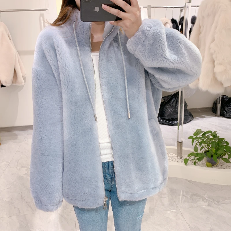 Winter Autumn New Granular Women's Sheepskin Jacket Coat Women Thick Warm Shearing Real Fur Hooded Wool Fur Coat Real Fur
