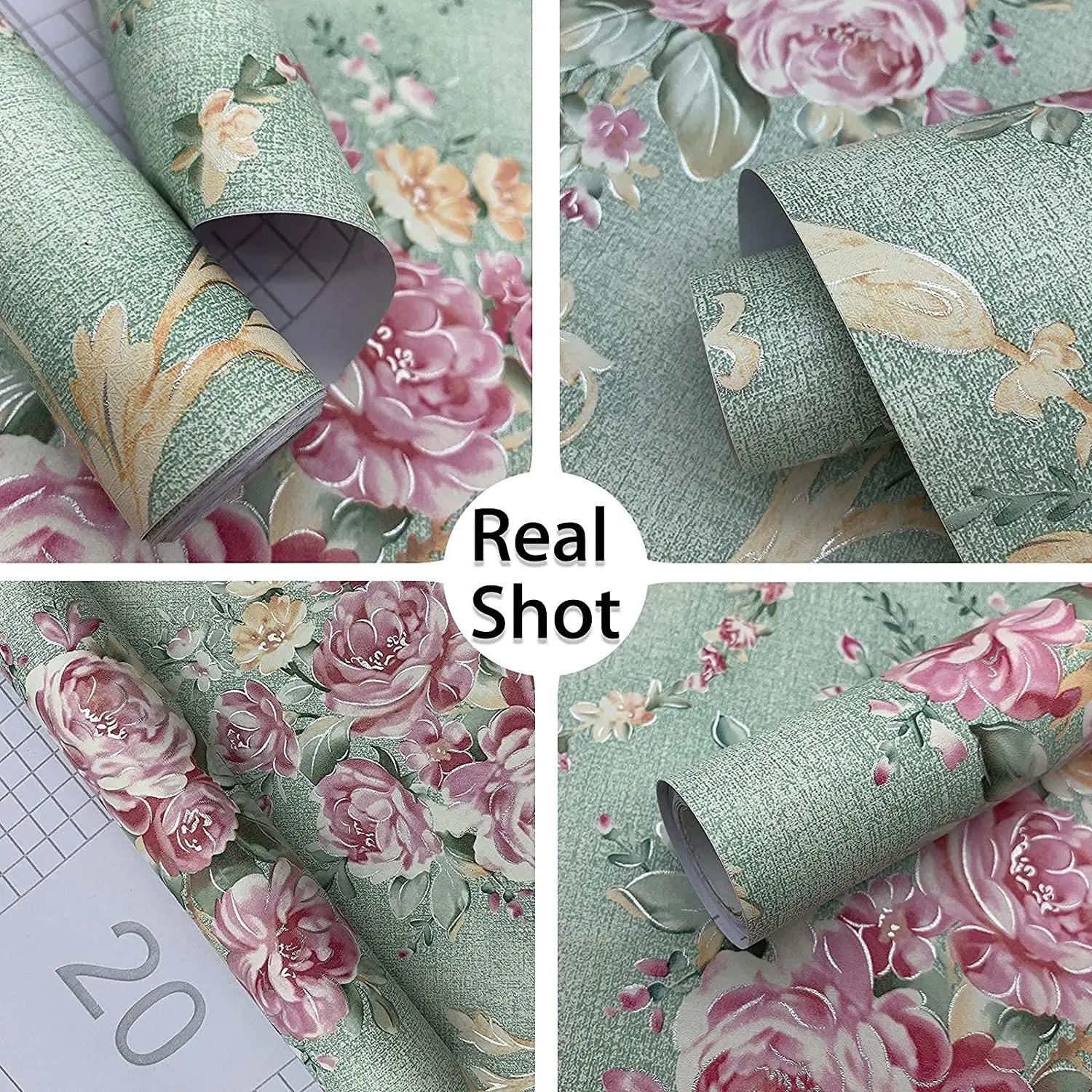 녹색 꽃 껍질과 스틱 벽지 복고풍 피는 꽃 빈티지 접촉 종이 Backsplash 이동식 자체 접착 벽지