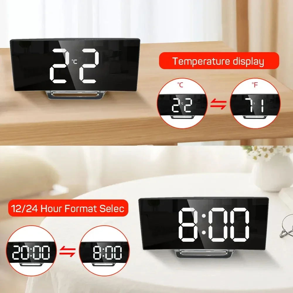 Curved Screen Clock Digital Led Alarm Clock with Temperature Display Large Mirror Clock Snooze Bedside Table Clock Room Decor 3