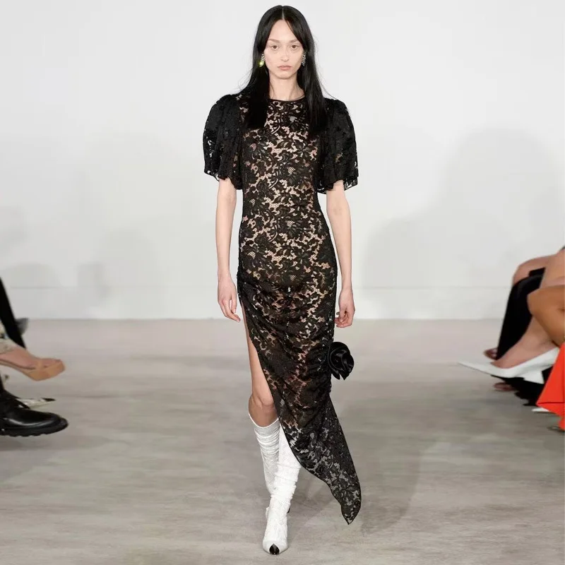 

High Quality Runway Designer Dress Maxi Dresses for Women Sexy Black Hollow Out Lace Long Dresses 2023 Summer Clothes
