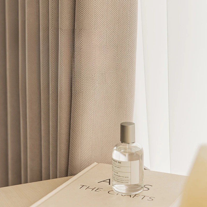 

Net-red Thickened Herringbone Pattern Chenille Curtain Fabric with Japanese Milk Tea Color Bedroom Inset Style Splicing Curtain