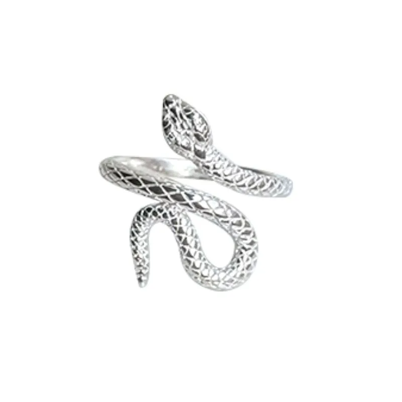 Sterling Silver Snowflake Snake Ring - Adjustable Open Band with Zirconia Accents, Minimalist Hypoallergenic Jewelry for Women