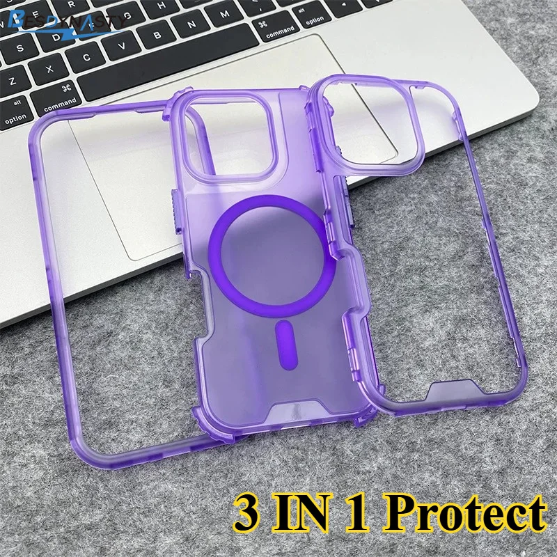 Trendy 3-in-1 Magnetic Shockproof Case with Frosted Slim Clear Design and Wireless Charging Compatibility