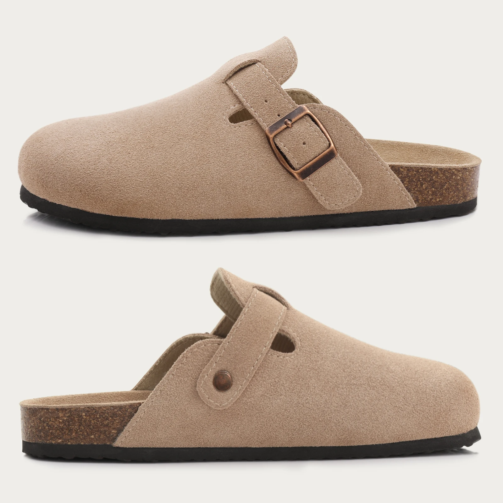 Comwarm Women's Suede Clogs Slippers Leather Mules Men Classic Cork Flats Slipper Outdoor Cork Footbed Sandals with Arch Support 3