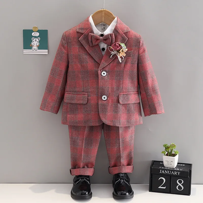 

Child Formal Plaid Suit Set Autumn Winter Boys Wedding Party Piano Performance Host Costume Kids Blazer Vest Pant Bowtie 4pcs