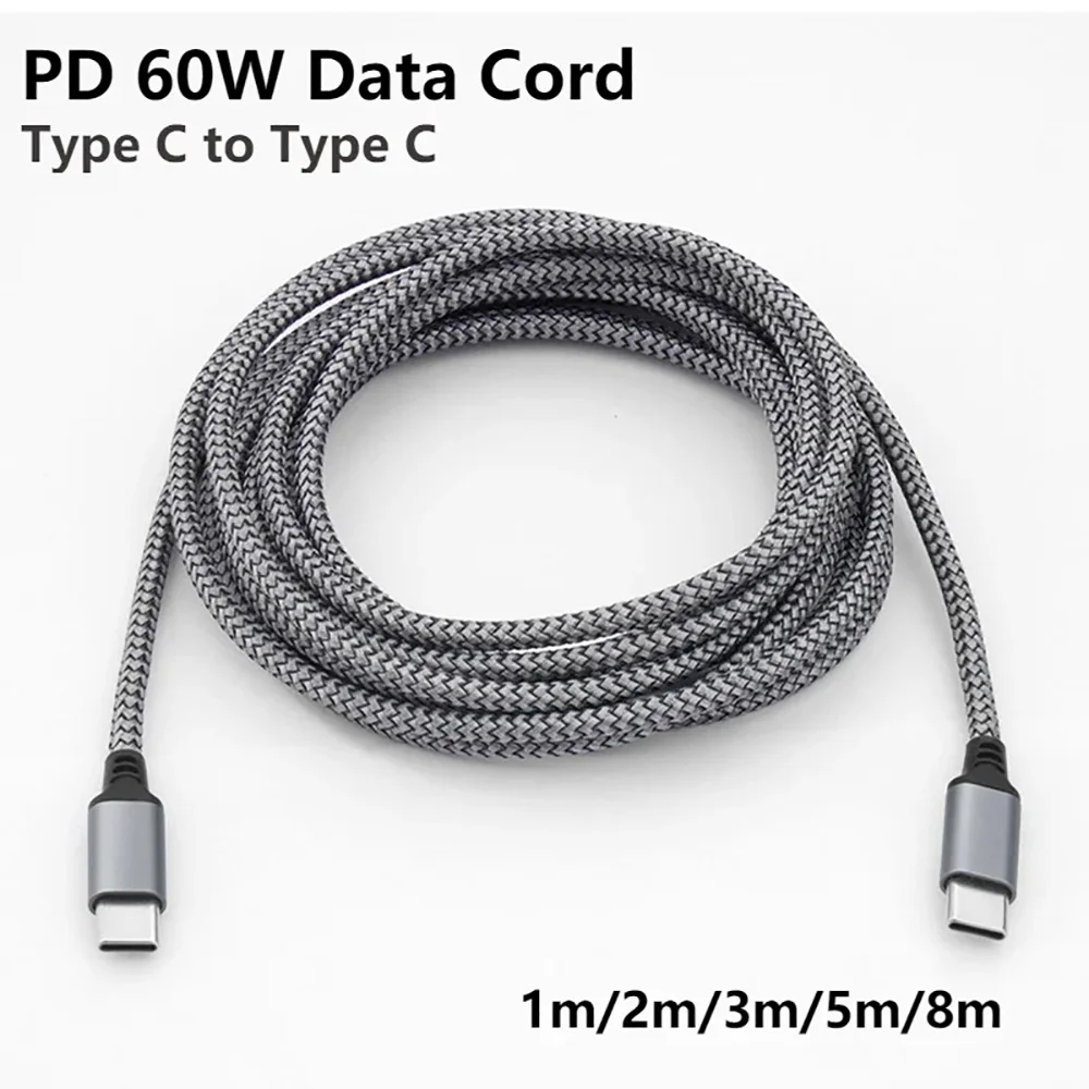 1M/2M/3M/5M/8M 60W Type C To PD Braided Data Cable PD Fast Charger Data Cords Dual Type C Ports Extension Fast Charging Cables
