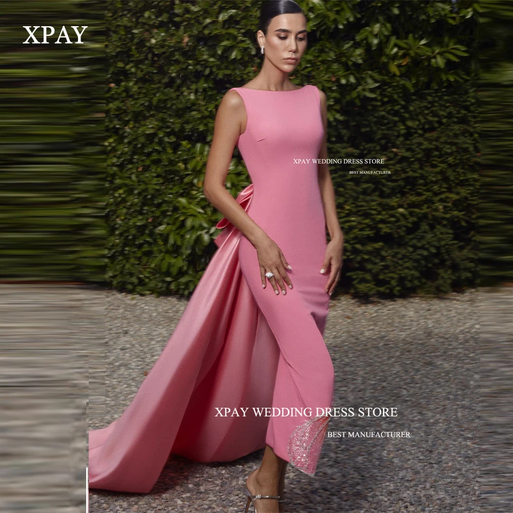 

XPAY Elegant Blush Pink Mermaid Evening Dresses Arabic Women Scoop Neck Detachable Train Mid-Calf Sequin Detail Wedding Party