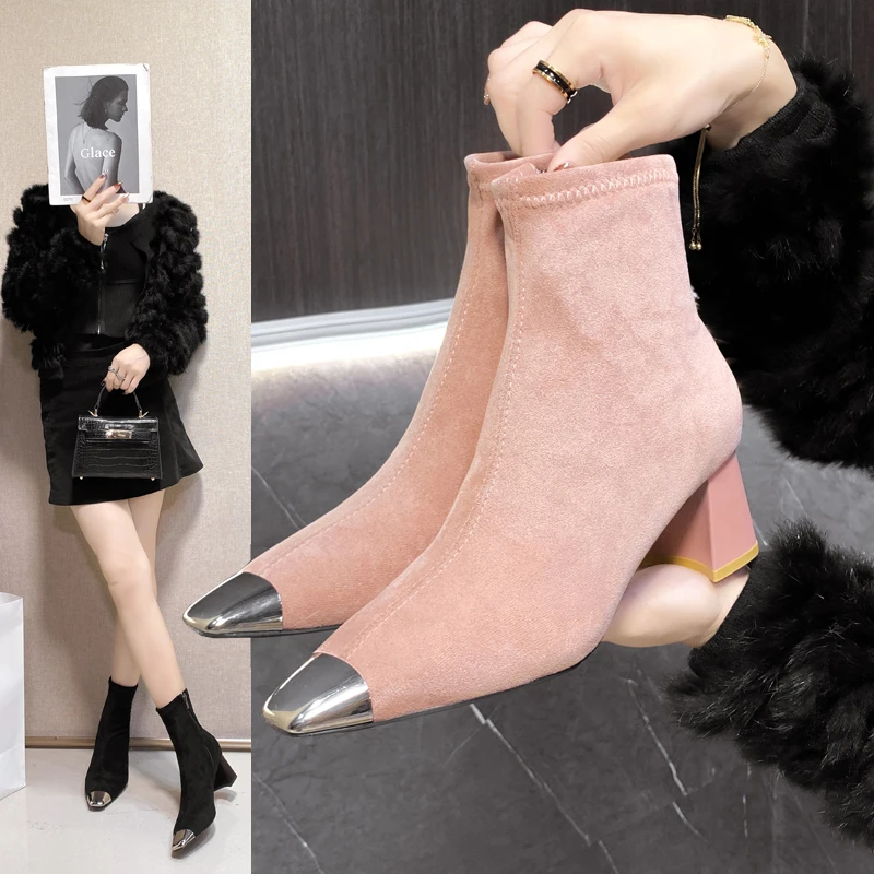 

Square Heels Women Winter Chelsea Boots Winter Shoes Pointed Toe Black Dress Low Heel Sock Boots Women's Ankle Botas Short Boots