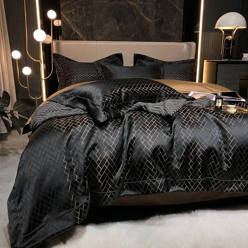 

New Luxury Black Gold Yarndyed Jacquard Egyptian Cotton Bedding Set Satin Smooth Duvet Cover Flat/Fitted Sheet Pillowcases 4Pcs