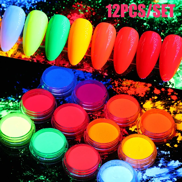 12 Colors A Set Acrylic Luminous Fluorescent Powder Glow in the Dark Nail  Art Pigment Fluorescent Powder Manicure DIY Nail Art Decorations 