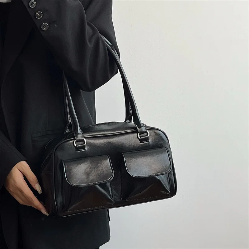 Leather Handbag Lux Trendy Street Korea Designer Bowling Box Handbag for Women Boston Tote Bag Pu Leather Bag Female Accessory