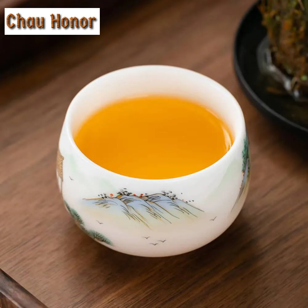 160ml High-end Ice White Jade Porcelain Teacup Hand-painted Landscape Master Cup Personal Jianzhan Anti Scalding Kung Fu Teaware