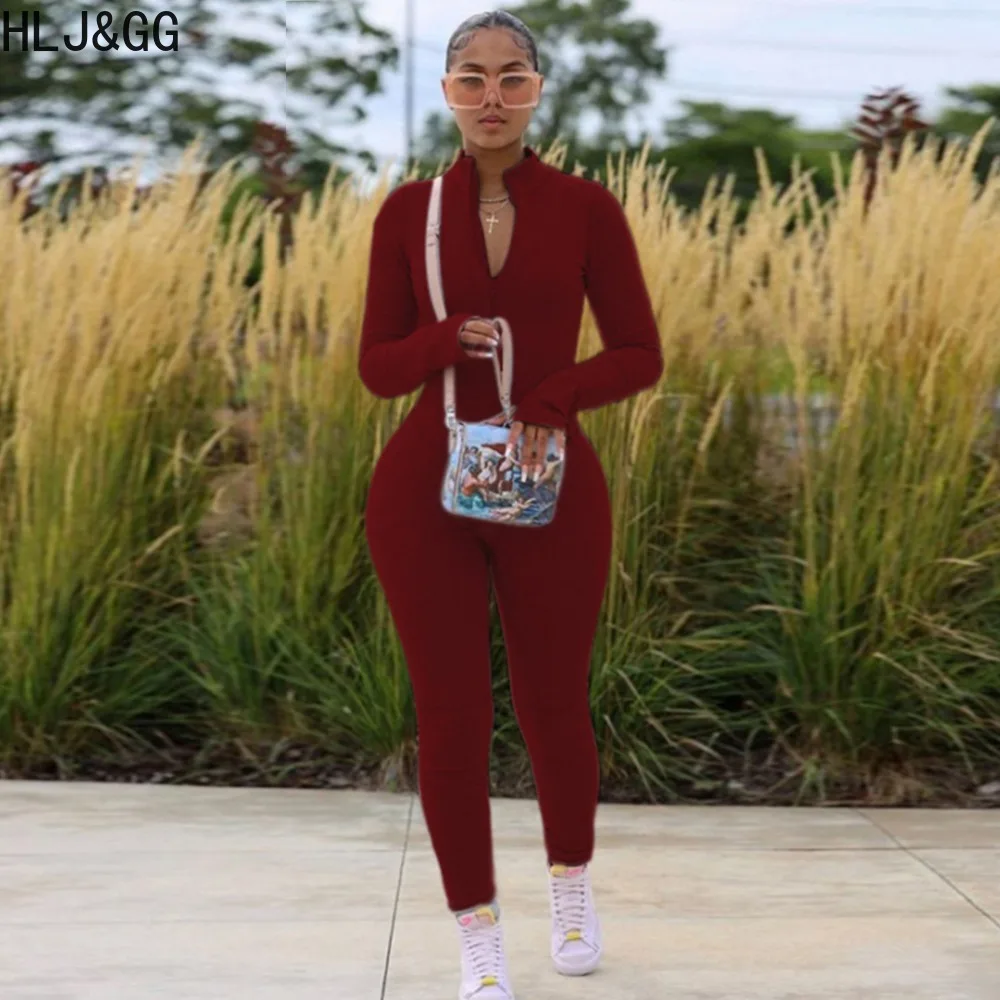 HLJ&GG Autumn Casual Zipper Sporty Jumpsuits Women V Neck Long Sleeve Bodycon Playsuits Female Solid Sporty Skinny Pants Overall