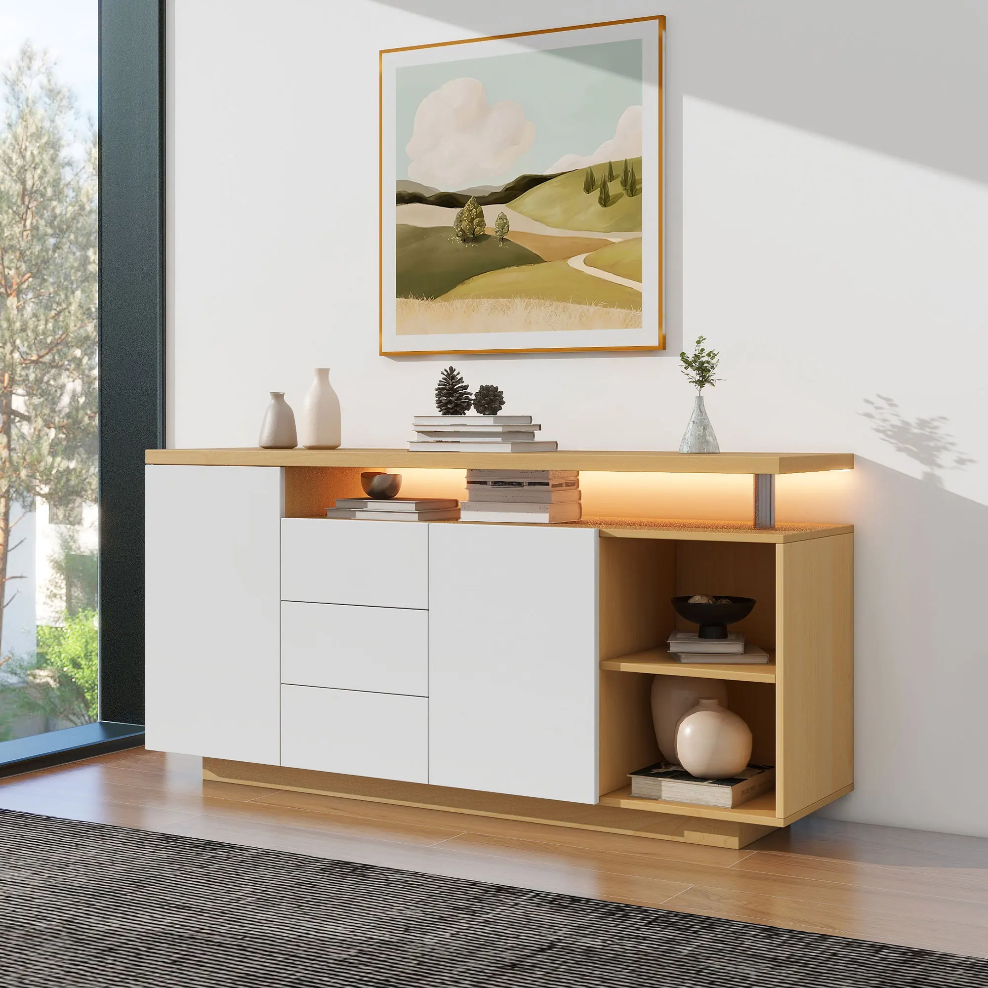 KOMHTOM Sideboard 140 cm lang - Weiß und Holzimitat, mit 2 Türen, 3 Schubladen, 2 offenen Fächern und LED-Beleuchtung – Detail 2
