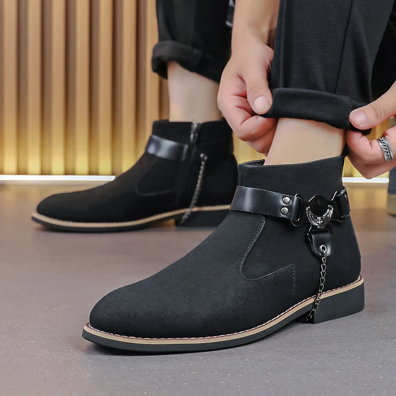 Men's Retro Classical Chelsea Boots Suede Leather Men Fashion Side Zipper Ankle Boots Casual Short Boots Handmade High-Top Shoes