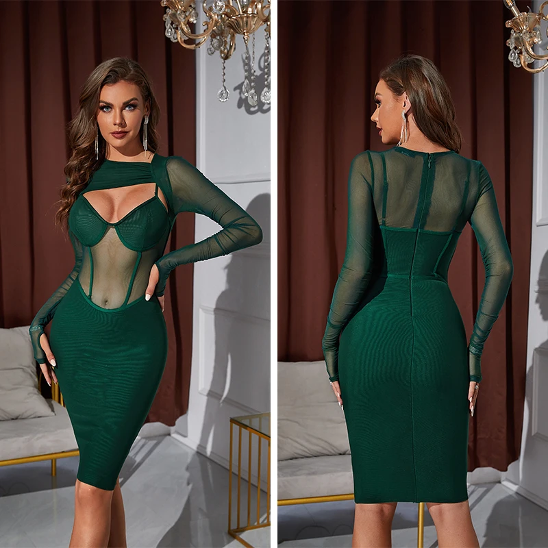 

Black Autumn Ladies Sexy Casual Long Sleeve Tight V Low Cut Transparent Gauze Bodycon Mini Dress Celebrity Club Party Dress