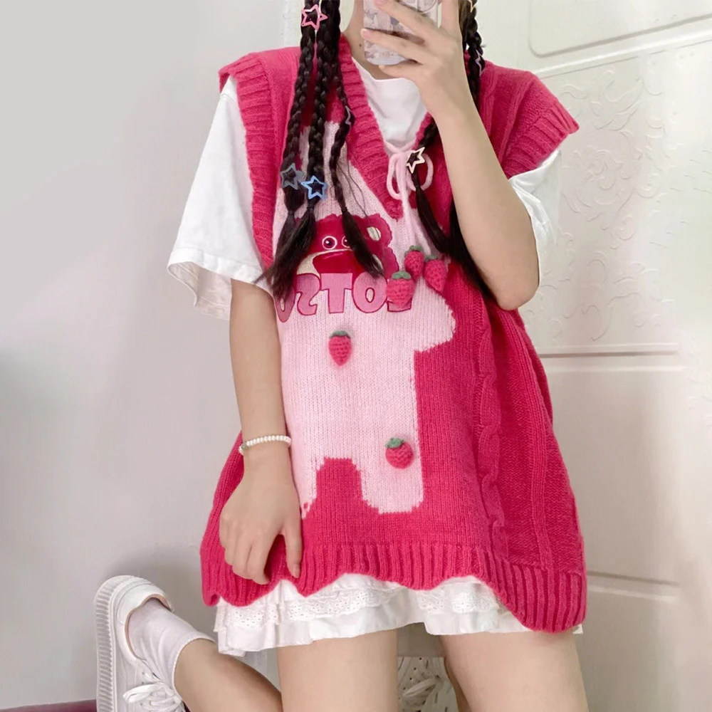 

Kawaii Cartoon Jk Knitted Vest Autumn Winter Women's Sweet Loose Bear Sleeveless Sweater Anime Girly Casual College Style Suit