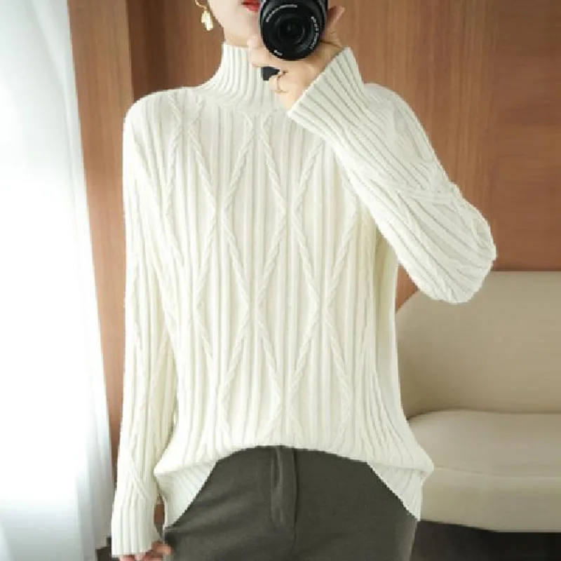 

New Autumn/Winter Fashion Trend Thickened Half High Collar Twisted Flower Loose Versatile Western Style Slim Women's Sweater