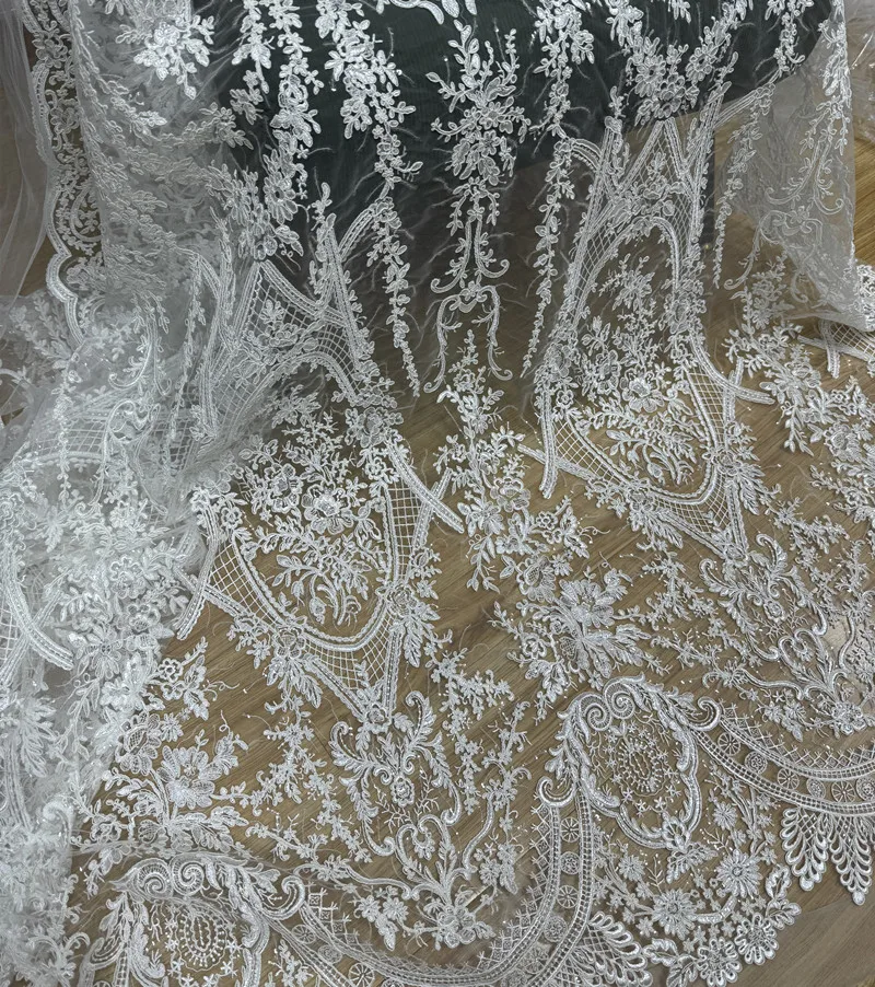 European Style Large Flower Lace Sequin Fabric DIY Wedding Dress Designer Mesh Lace Fabric