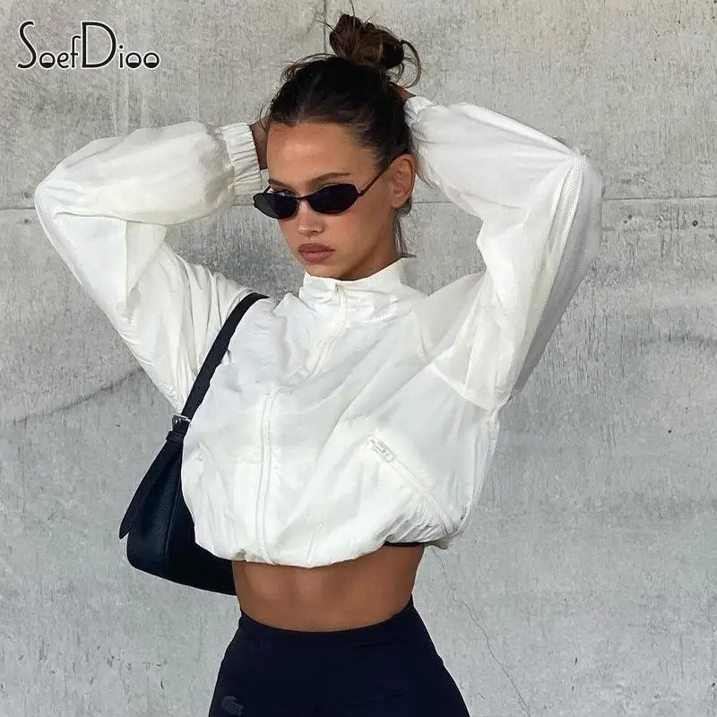 

Soefdioo Casual Stand Collar Zipper Fly Drawstring Short Jackets Women Autumn 2023 Fashion Streetwear Loose Outwear Coat