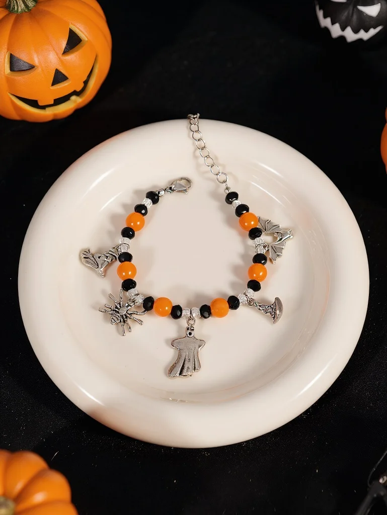 Themed Beaded Bracelet With Ghost Spider Charms For Halloween Parties