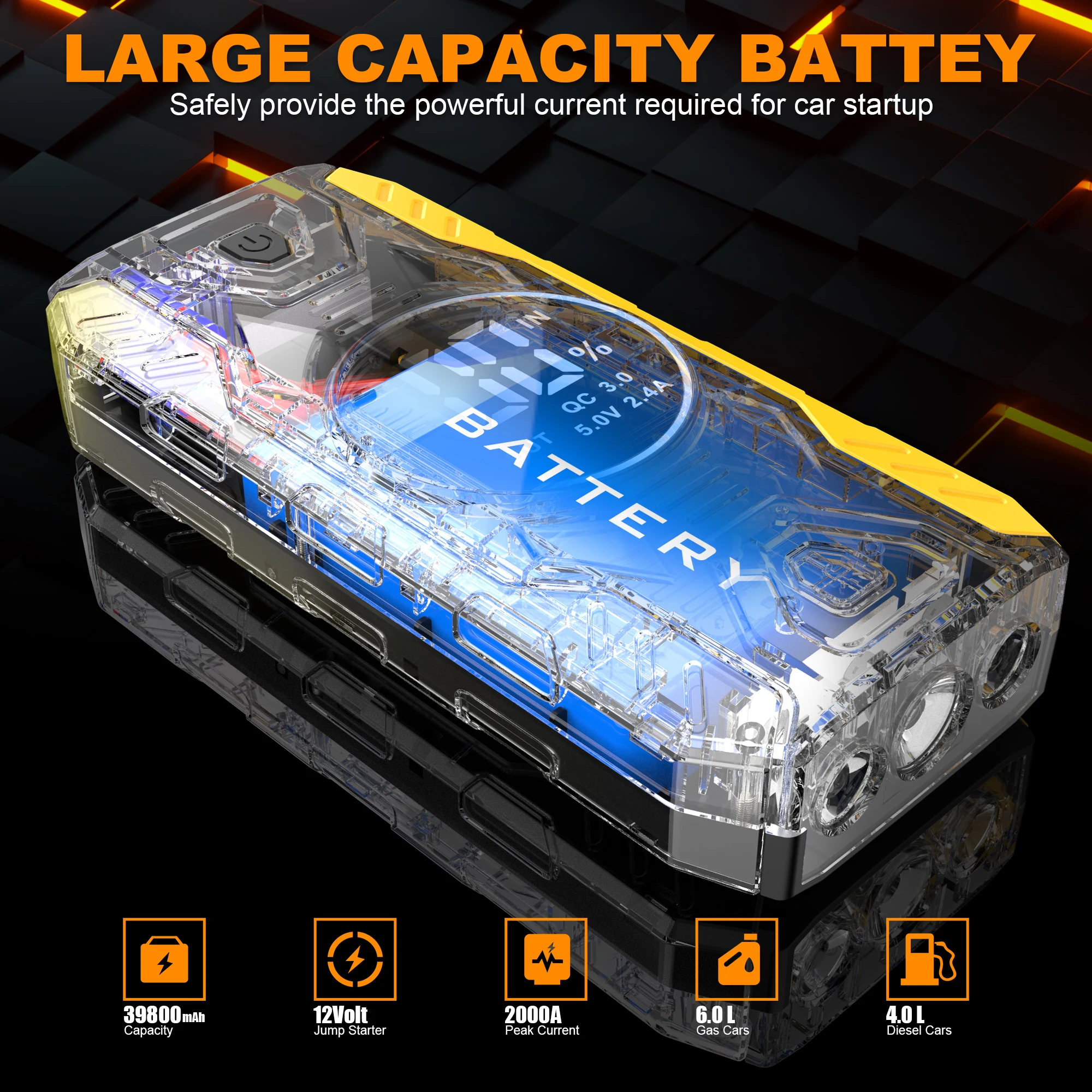 Car Jump Starter 2000A, 12V Emergency Jump Starter Battery Pack for Up to 6L Gas/4L Diesel Engine, Portable Battery Booster