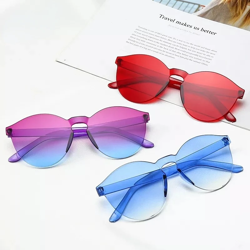 

Sunglasses Women Fashion Ladies Cat Ear Rimless Transparent Glasses Girls Retro All-in-one Ocean Piece Candy Color Eyewear UV400
