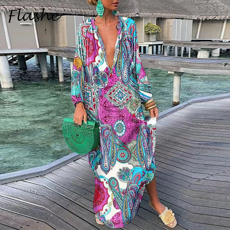 Fashion Maxi Dresses For Women V Neck Long Sleeve Party Dress Boho Vintage Print Long Dress Plus Size Loose Casual Vesitdos