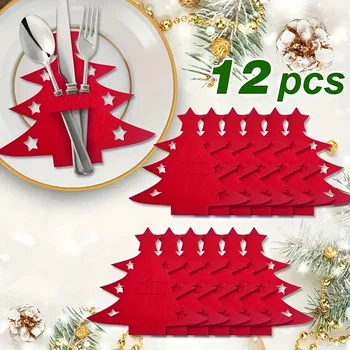 12Pcs Christmas Tree Shaped Felt Cutlery Mats With Stars Decor Durable For Home Christmas Festive Party Table Decor Accessories 1