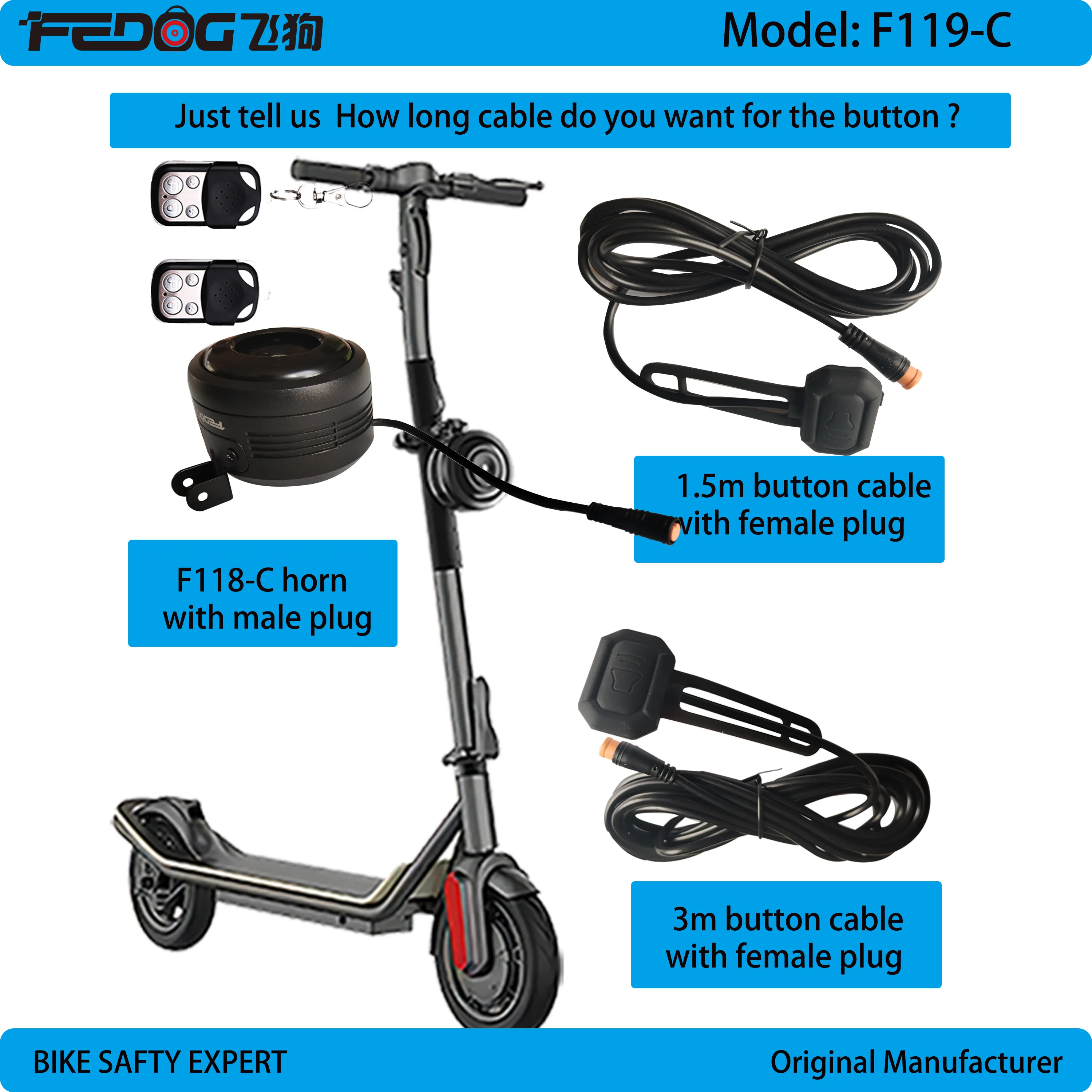 FEDOG Cargo Bike Horn Alarm 3m Button Cable Electric bakfiet Horn Alarm Bakfiet  Super loud Horn With Remote controller