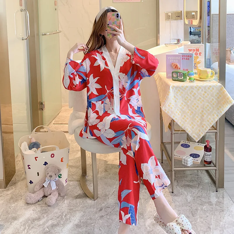 NEW Women's Pajamas Set Luxury Style Painting Print Sleepwear Satin Silky Touch Homewear V Neck Nightie Casual Home Suit
