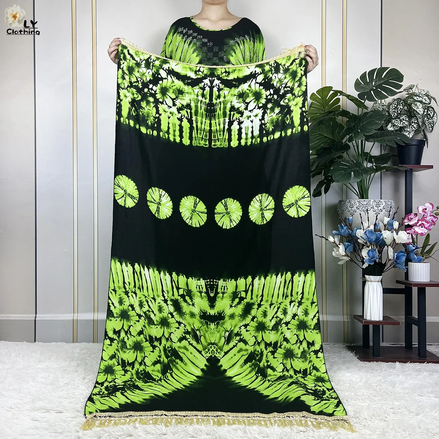 2023 New African Abaya Lady Short Sleeve Dress With Big Lace Scarf Cotton Printing Tie-dyed Maxi Islam Women Summer Loose Robe 3
