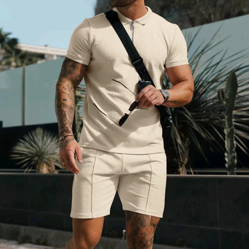 European and American men's short sleeved shorts casual set, summer waffle solid color casual loose collar t-shirt set