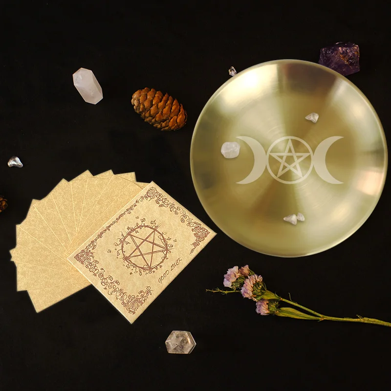 Pagan Ritual Tray Jewelry Display Tray Altar Pentagram Plate Pagan Ritual Tray Crystal Decorative Jewelry Dish Metal Candle Holder Incense Burner Witchcraft Supplies