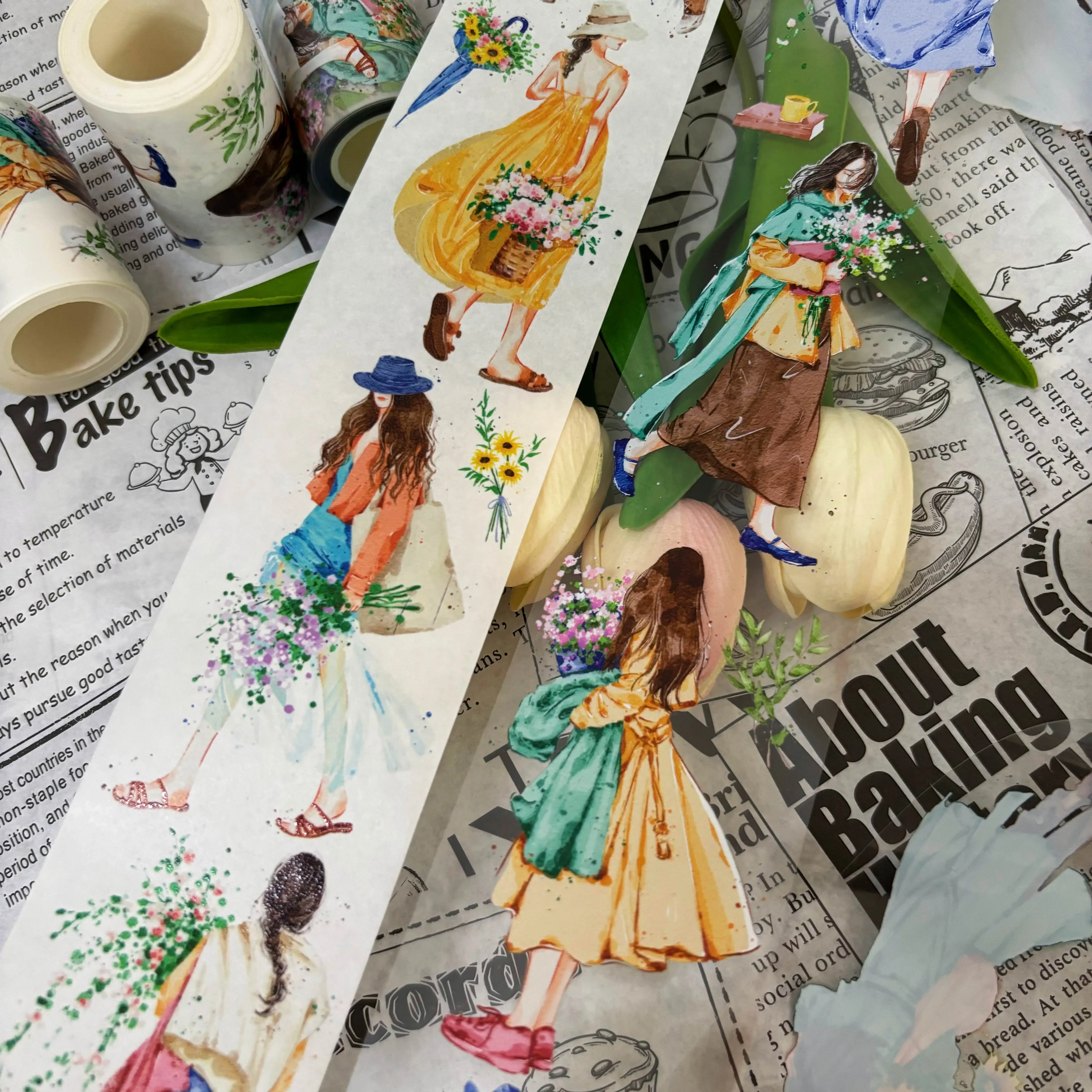 플라워 드림] 라이트 레트로 바람 저널 캐릭터 및 종이 테이프, 반려동물 저널 스티커