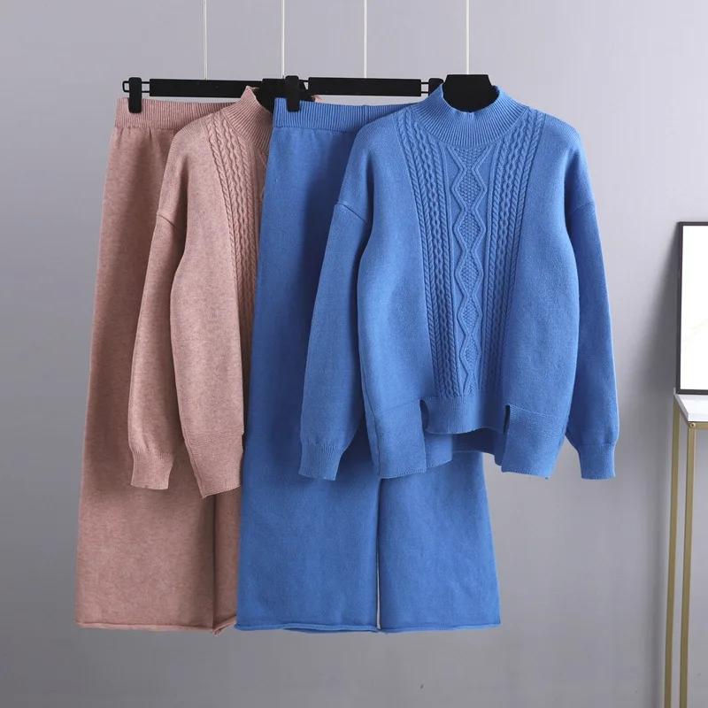 

ELIJOIN2022 Fall/Winter New Slim Knitting Suit Women's Thickening Loose Turtle Neck Wide-leg Pants Two-piece Tide