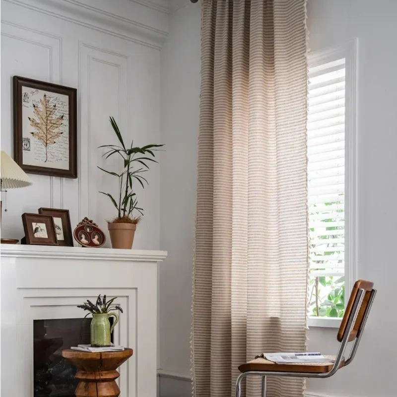 

Minimalist Cotton Linen Curtain Striped Living Room Bay Window Curtains Semi Blackout Tassel Fashion Decorative Window Shade