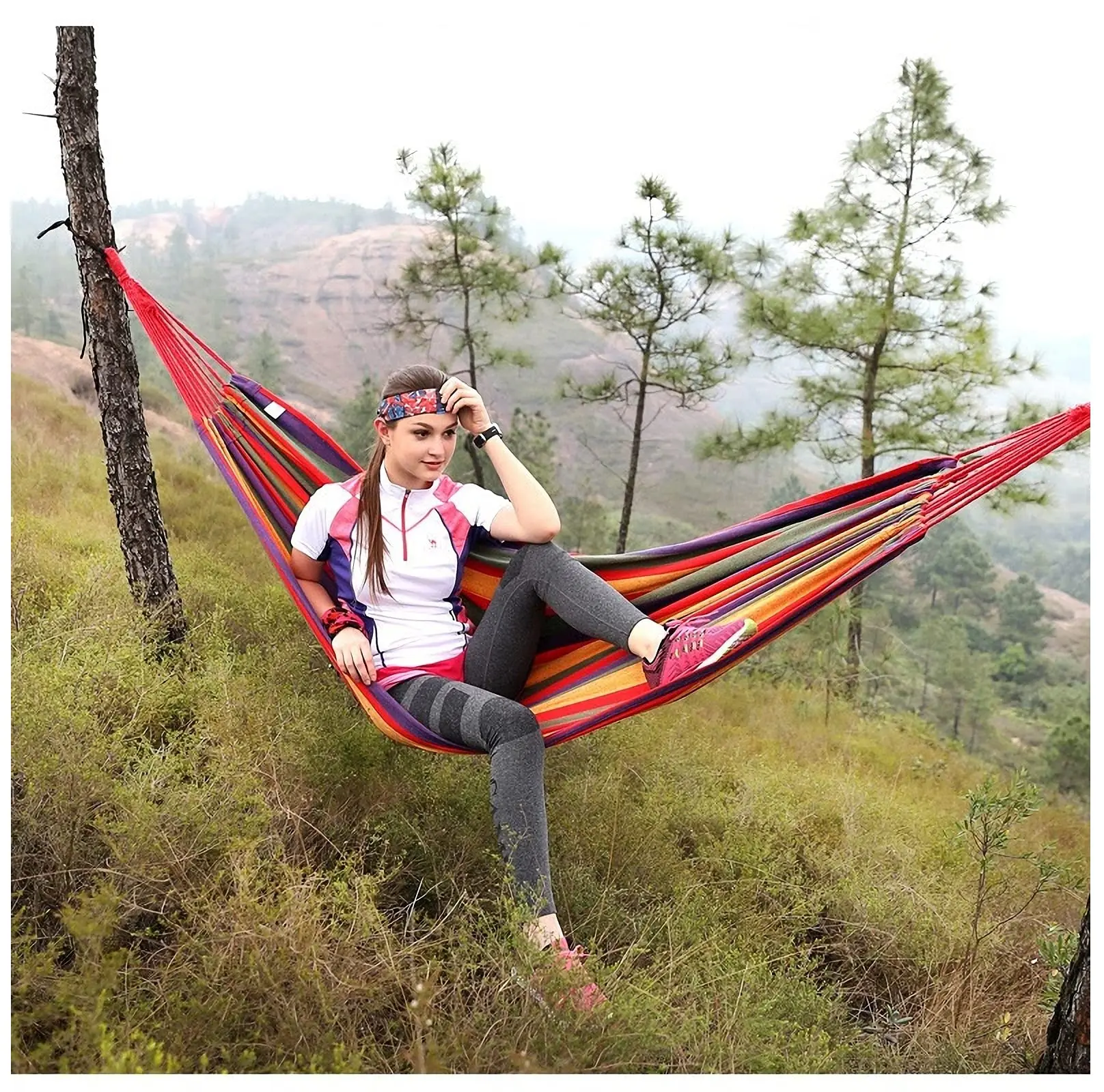 Double Hammock 2 Person Canvas Cotton Hammock with Tree Straps for Patio Garden Backyard Outdoor and Indoor (Red, Blue) 6