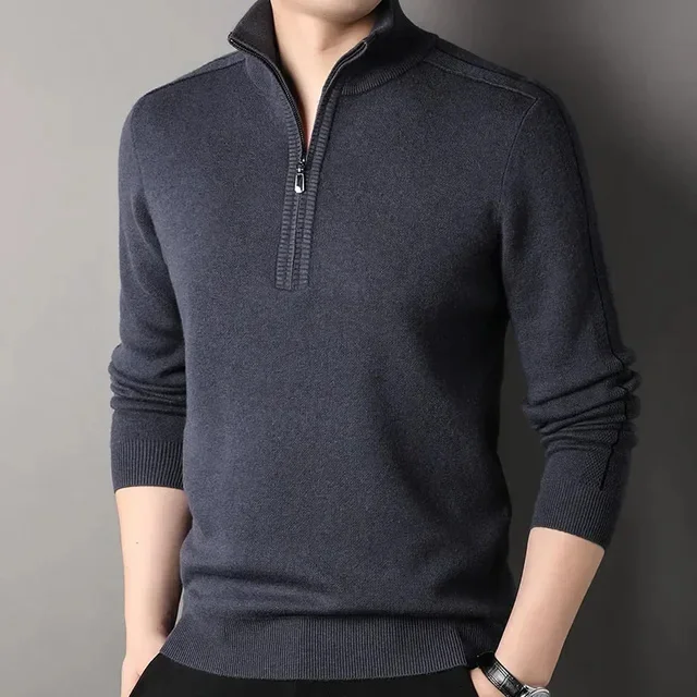 thumbnail image 1 of Suéter de lana de invierno para hombre, nueva camisa de punto con cremallera gruesa de lana pura, jersey para hombre de mediana edad, cuello alto medio, 1 of 5