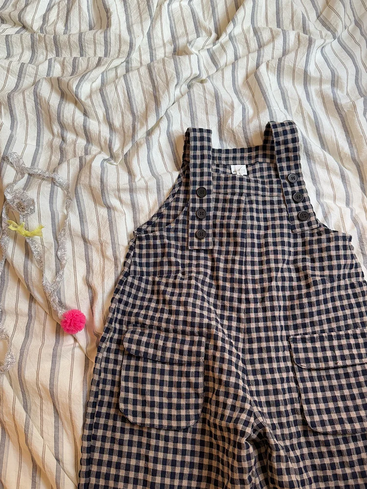 2025 Spring New Children Plaid Overalls Cotton Boys Thin Casual Pants Breathable Baby Girls Loose Strap Trousers Kids Clothes