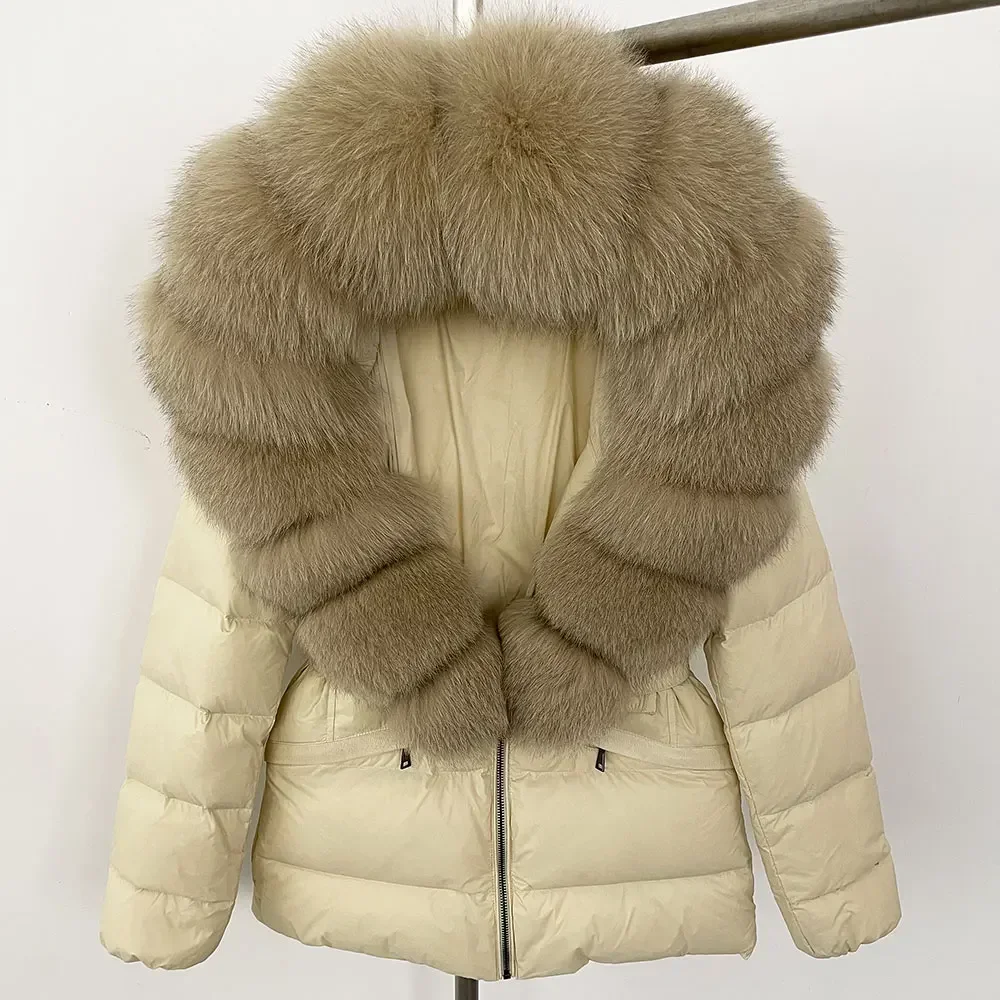 Winter Fashion Trend Women's Small Mid-length Big Fur Collar White Duck Down Padded Jacket