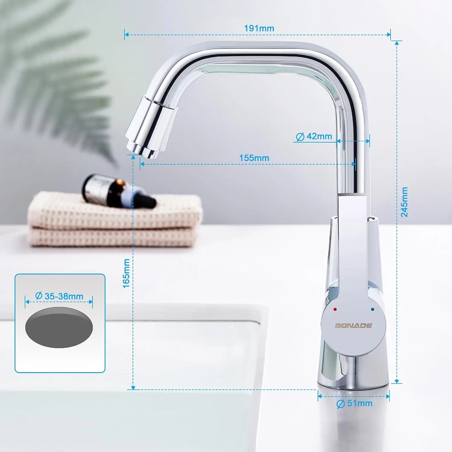 Badezimmerarmatur, 360° ° Schwenkbarer Waschtischarmatur, Einhebelmischer aus Messing und Chrom für Badezimmer und Küche – Detail 5