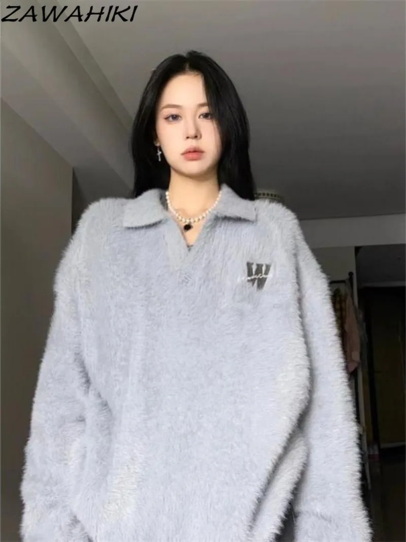 

Fall Winter New Arrive Loose Polo Turn-down Collar Soft Sweater Women Japanese Vintage Fashion Letter Furry Knitted Pullovers