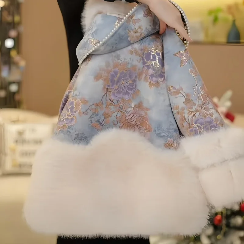 سترة شتوية للفتيات المراهقات سترة دافئة من الفرو الصناعي ملابس خارجية كلاسيكية معطف جاكار مُزين ببطانة سميكة معطف للأطفال الصغار + حقيبة 14